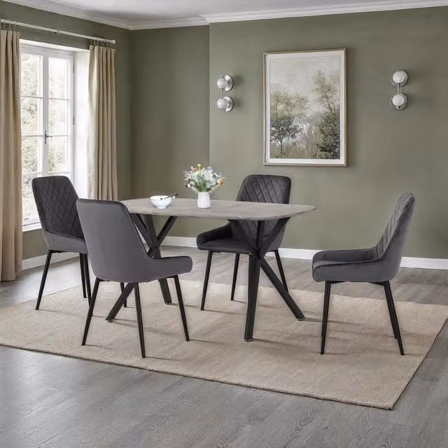 Seconique Athens Rectangular Concrete Dining Table with 4 Grey Velvet Avery Chairs