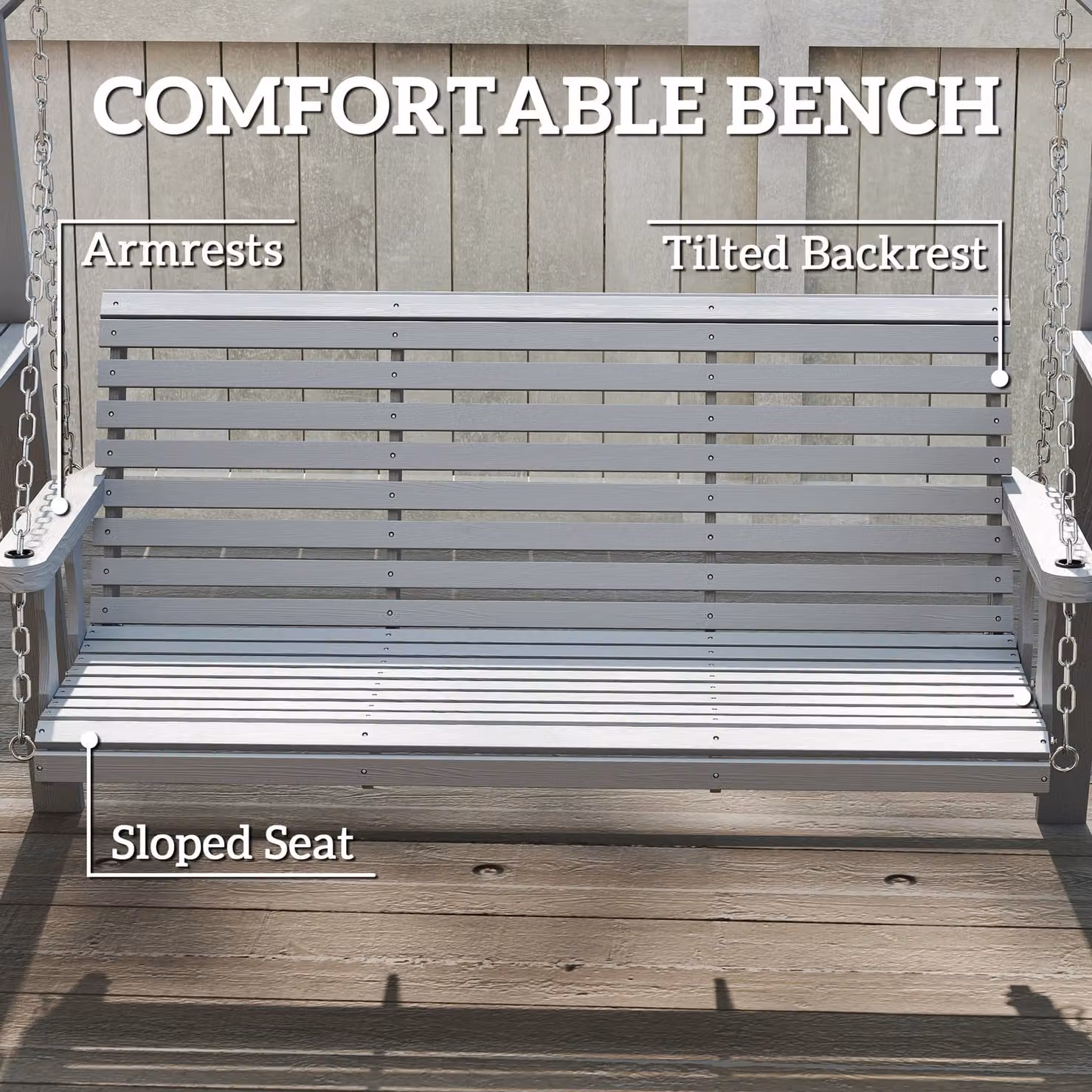 Outsunny Three-Seater Lacquered Treated Hardwood Swing Bench with Armrests and Side Trays, Grey – 6