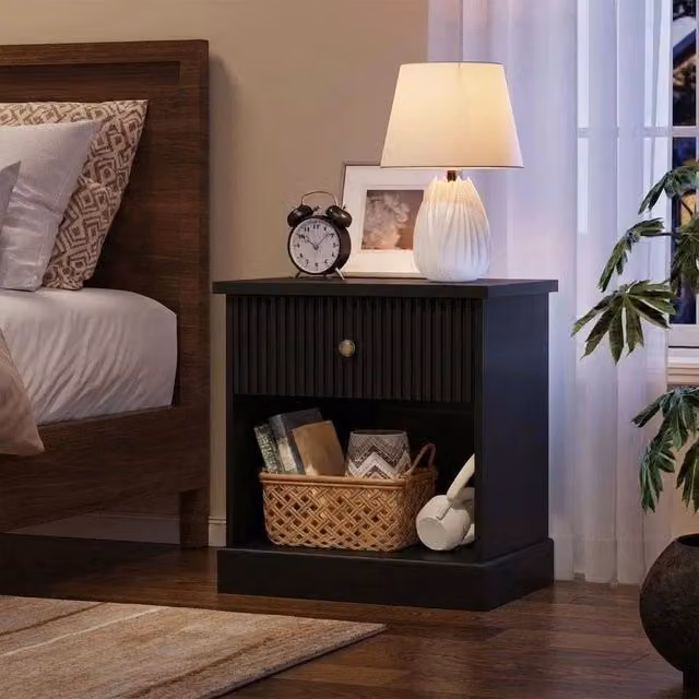 VOGREX Modern Fluted Wood Nightstand with Drawer in Black