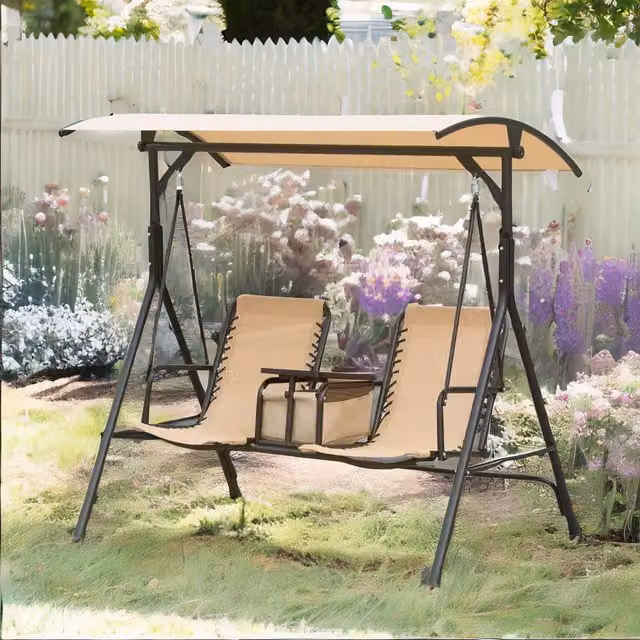 FURNOS 2 Seater Garden Swinging Chair with Pivot Table and Sun Canopy in Beige