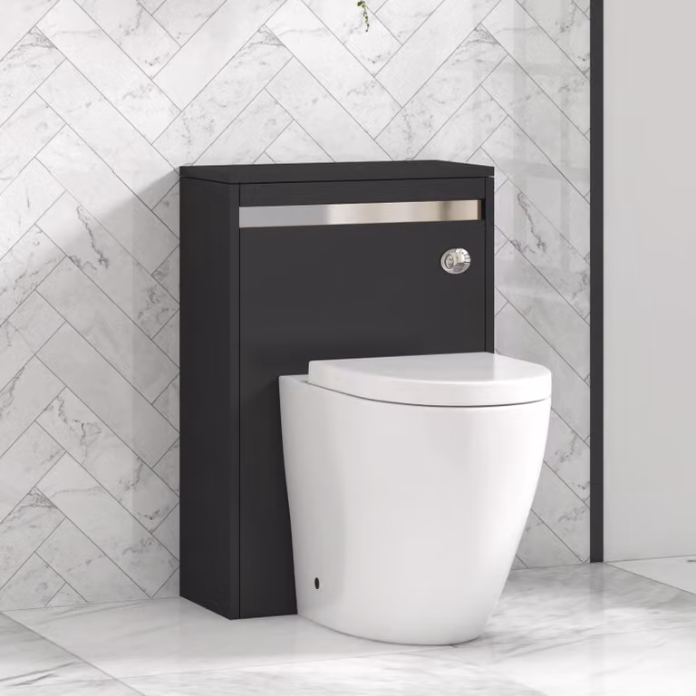 Royal Bathrooms Orion 540mm Matt Obsidian Black BTW WC Unit with Elva Rimless Short Projection Ceramic Toilet Pan, Seat and Cistern with Chrome Accent Trim