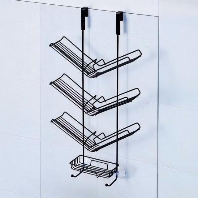 Showerdrape Atrium 3 Tier Black Metal Hanging Over Door Shower Caddy with Hooks