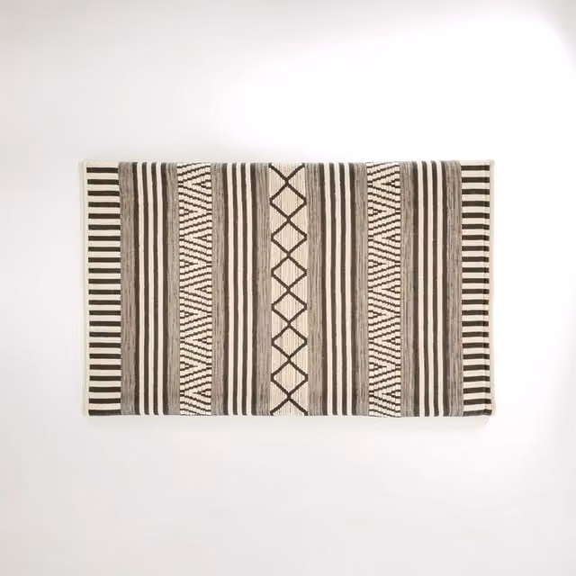 Orsina Large Grey Geometric Woven Wool and Cotton Rectangular Rug