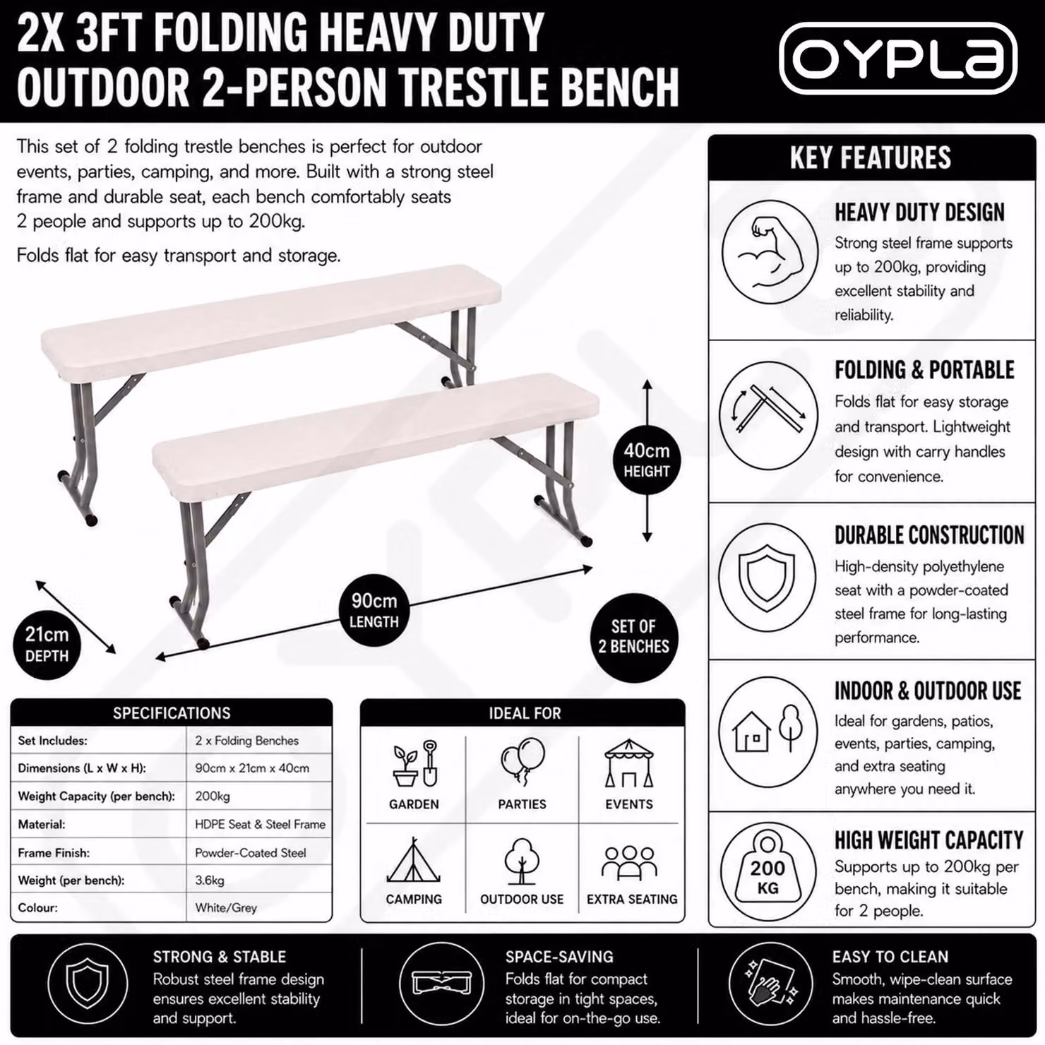 Oypla Set of 2 White Folding Outdoor Trestle Benches – 2