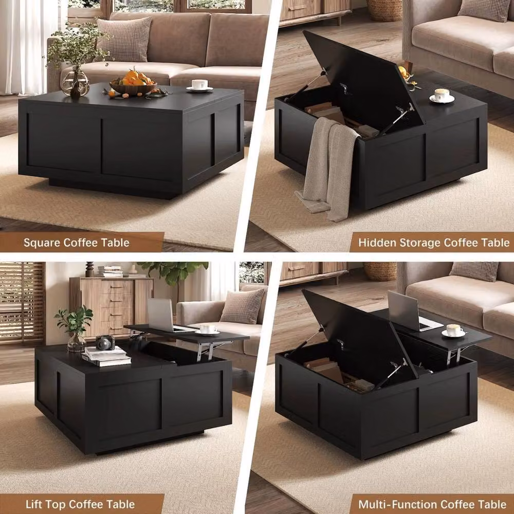 NESTLUNE Black Modern Wood Lift Top Coffee Table with Large Storage, W: 100 cm, D: 40 cm, H: 15 cm – 5