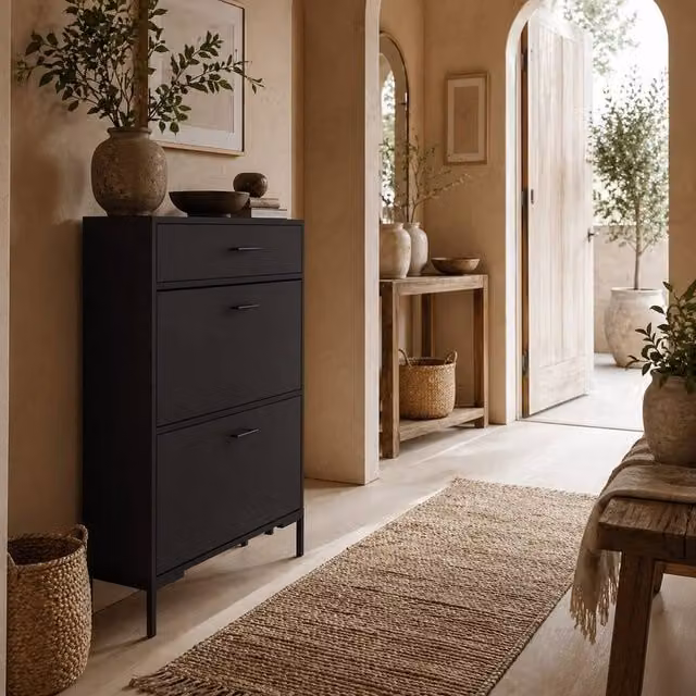 Wyld Haus Sopane Slim Black Shoe Cabinet with 3 Drawers and Tilting Compartments – 1