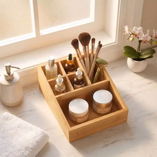 FLAVORA 6 Compartment Bamboo Cosmetic Storage Organiser in Natural Brown – 1