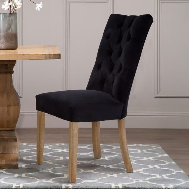 Orsina Black Velvet Dining Chair with Silver Details and Wood Legs – 2