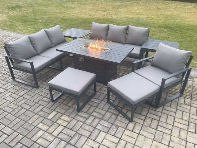 Fimous 8 Piece Aluminium Garden Furniture Set with 9 Seater Gas Fire Pit Dining Table, Side Tables and Cushions in Dark Grey