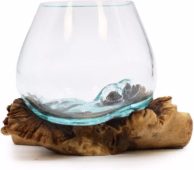 KDMD Round Rustic Tabletop with Molten Transparent Glass on Brown Rare Parasite Wood