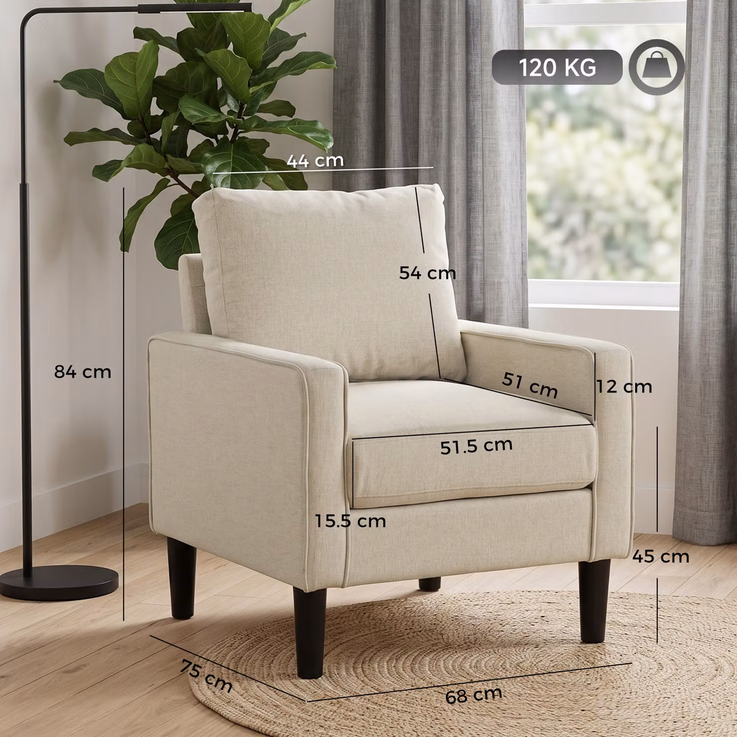 HOMCOM Beige Fabric Accent Tub Armchair with Spring Cushion and Armrests, H 84 x W 75 x D 68 cm – 3