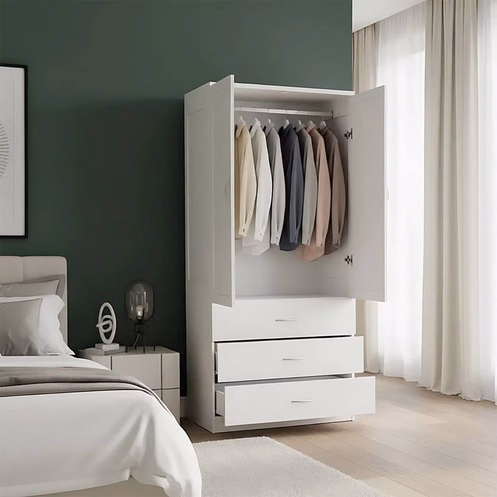 FLAVORA Modern White Wooden 2 Door Wardrobe with Integrated Drawers and Hanging Rod – 4