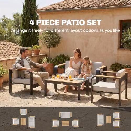 Outsunny 4 Seater Aluminium Garden Furniture Set with Beige Olefin Cushions – 5