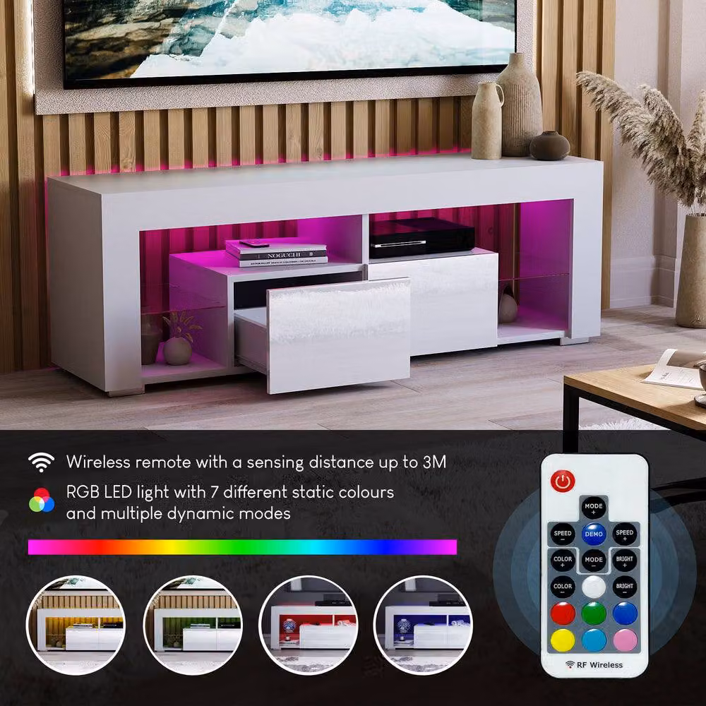 HD Designs Vida Designs Luna Modern 2 Drawer LED TV Unit in White with Integrated Lighting and Glass Details – 4