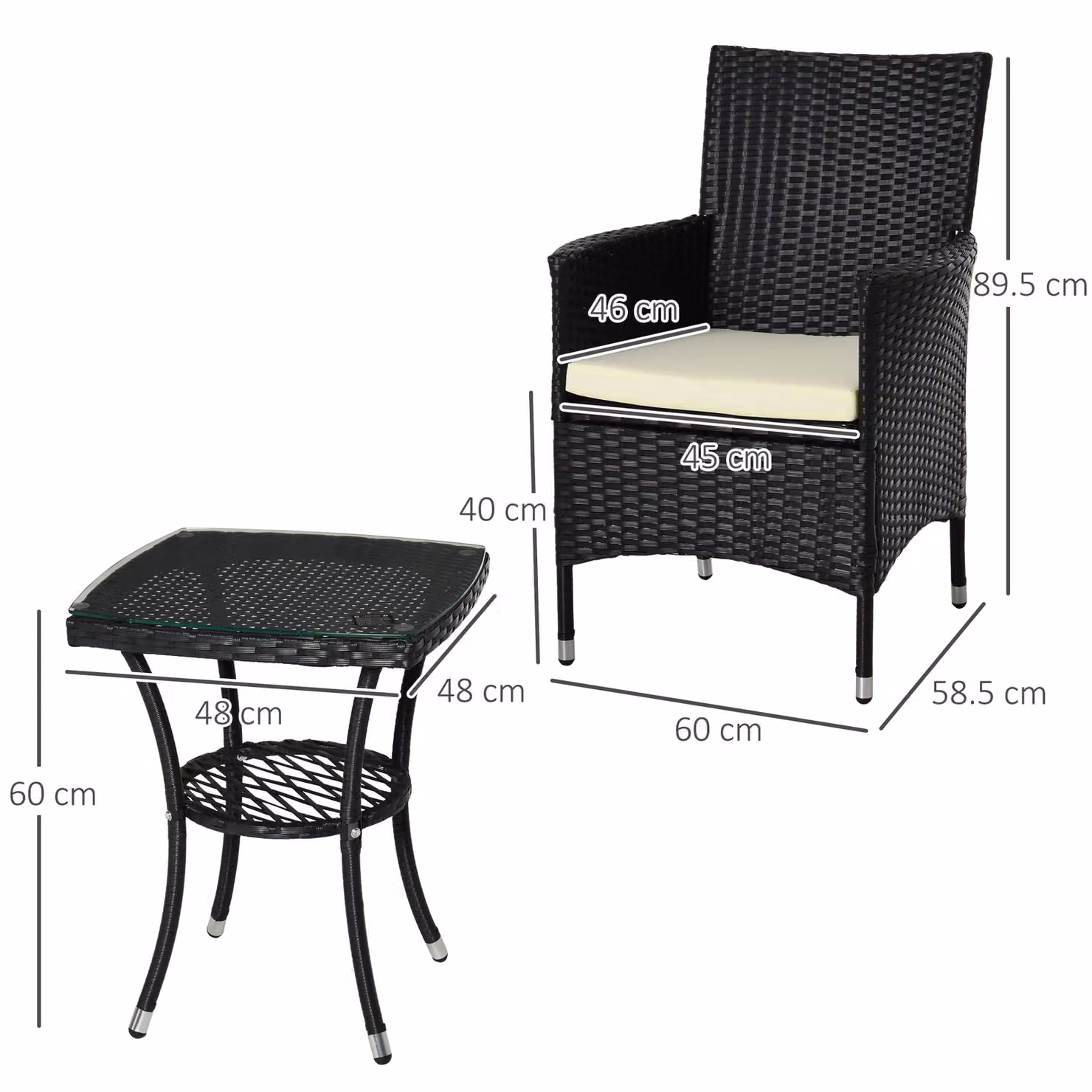 Outsunny 3 Piece Rattan Bistro Set with Wicker Chairs, Table and Cushions in Black – 3
