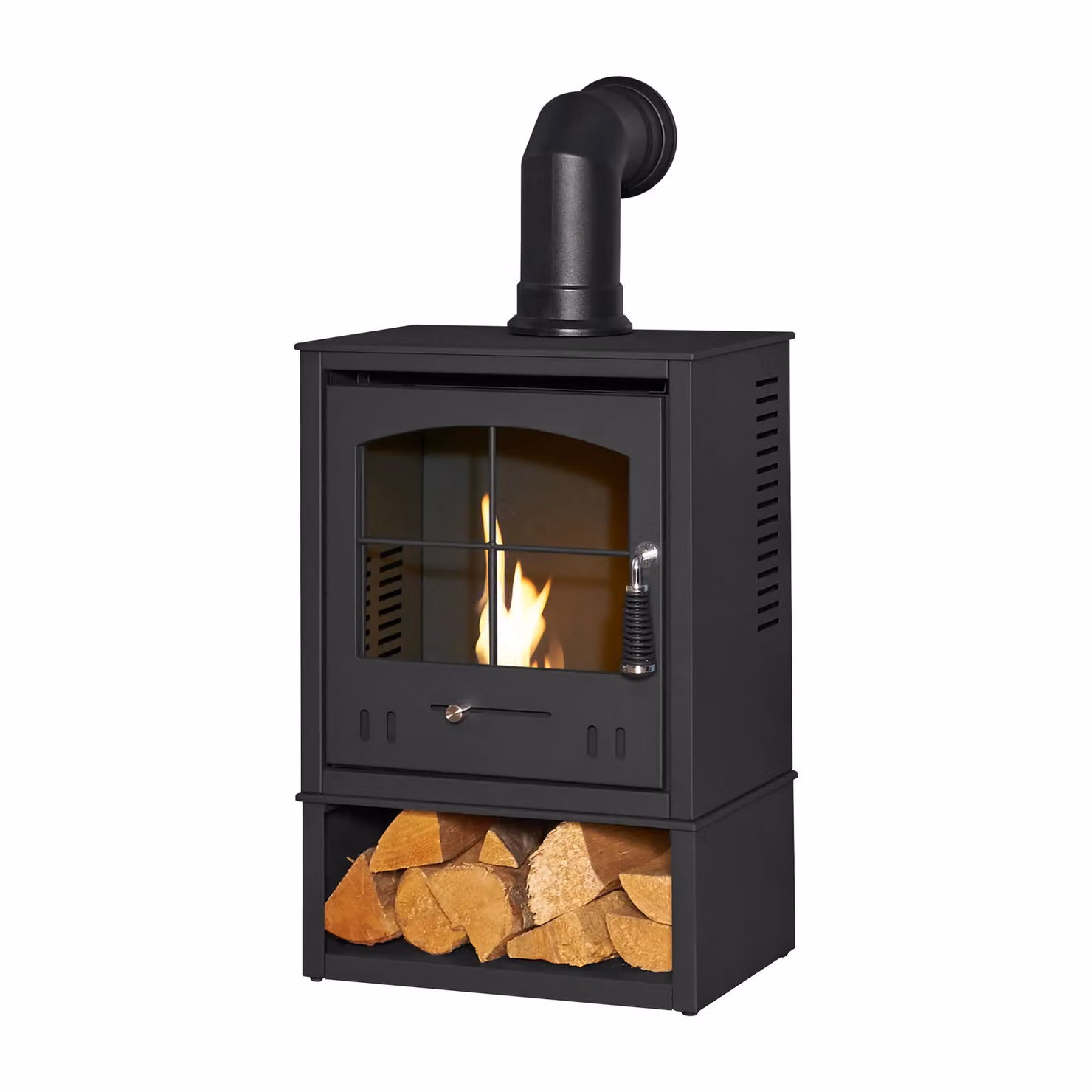 OKO Bio Ethanol S2 Stove with Log Storage in Charcoal Grey and Black Angled Stove Pipe – 2