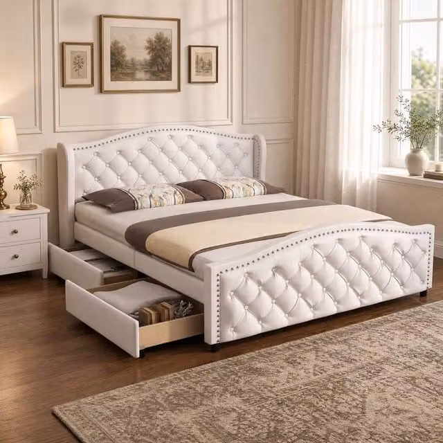 STILVORA Chesterfield Upholstered Double Bed with 2 Drawers in White and Silver, W/D/H: 140 x 200 cm – 1