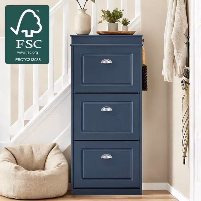 SoBuy Slim Shoe Cabinet with Tilting Compartments and Hinged Doors in Matt Blue – 1
