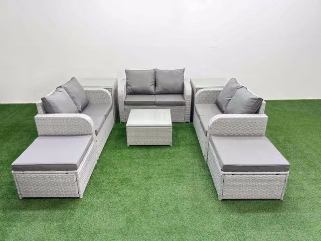 Fimous 8 Seater PE Wicker Rattan Garden Furniture Set in Light Grey with U-Shape Sofa, Coffee Table, 2 Seater Love Sofa, 2 Ottomans and 2 Side Tables