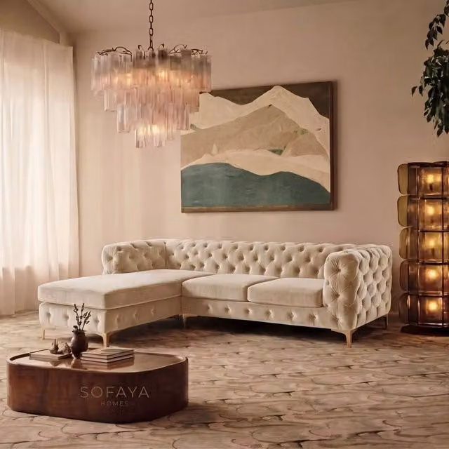 Sofaya Monaco Chesterfield 3 Seater L-Shaped Sofa in Beige Velvet with Left Hand Chaise