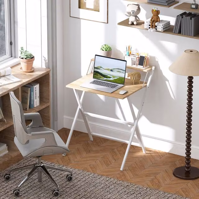 HOMCOM Folding Computer Desk in Beige or White for Home Office and Bedroom – 1