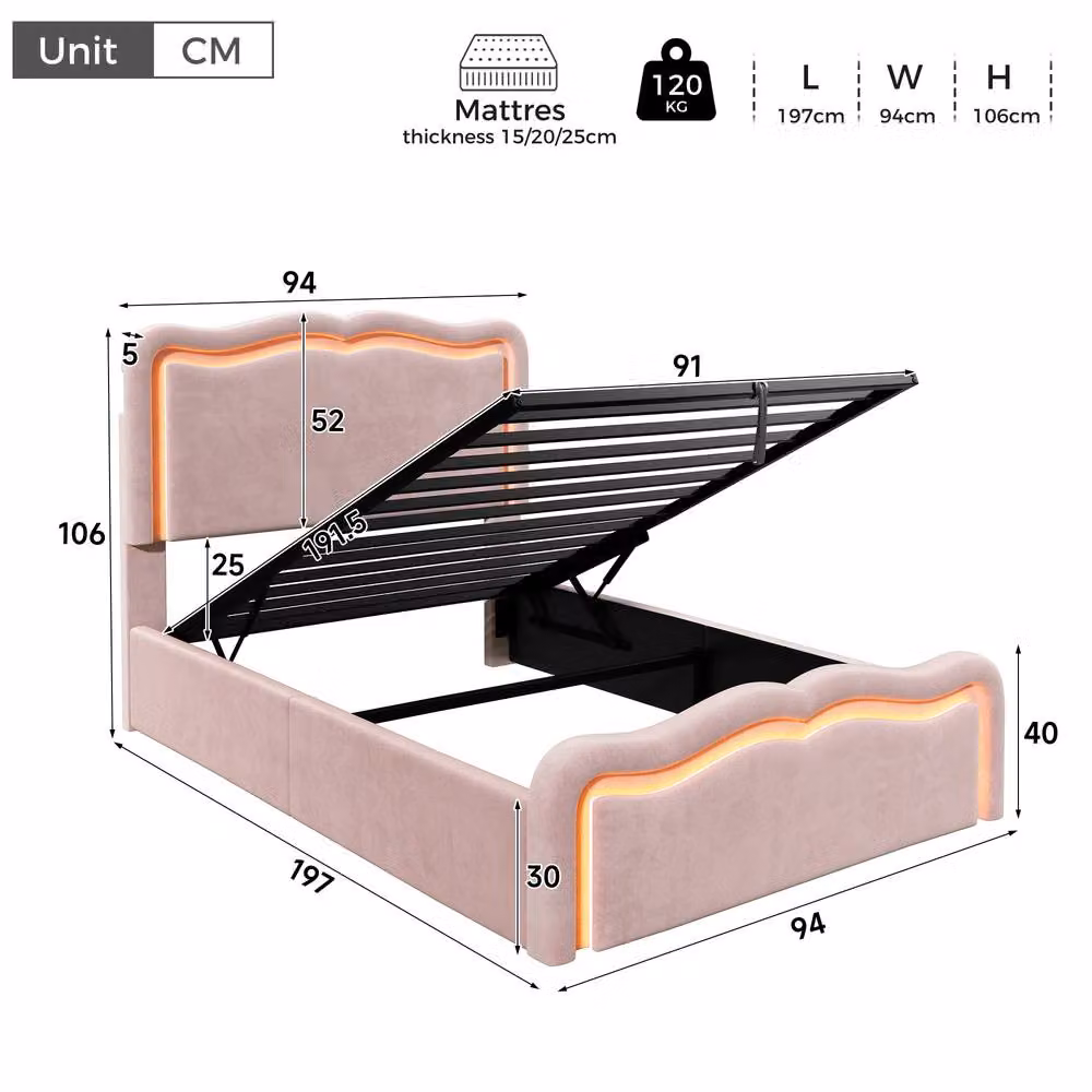 Merax Pink Velvet Single Ottoman Bed Frame with LED Under-Bed Lighting and Hydraulic Lift-Up Storage, W/D/H: 90 x 190 x 32 cm – 2