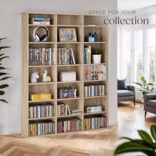 tectake CD Storage Unit in Light Wood with Adjustable Shelves and Media Compartments, H 136.5 x W 105.5 x D 19.0 cm – 6