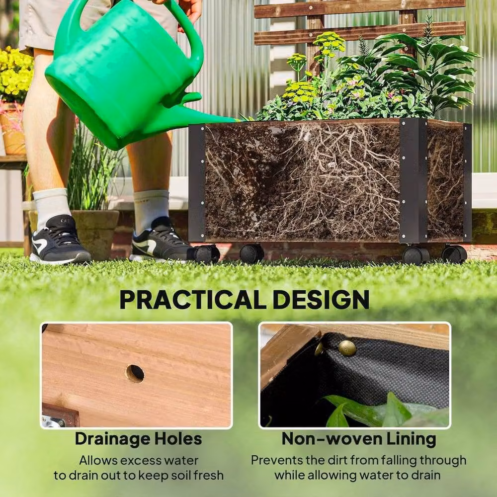 Kelvenix Wooden Raised Garden Bed with Trellis and Wheels in Brown W/D/H: 147 x 65 x 31 cm – 4
