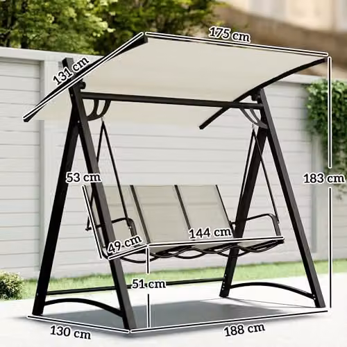 Outsunny 3 Seater Garden Swing Bench with UV-Resistant Sun Canopy in Beige and White – 7