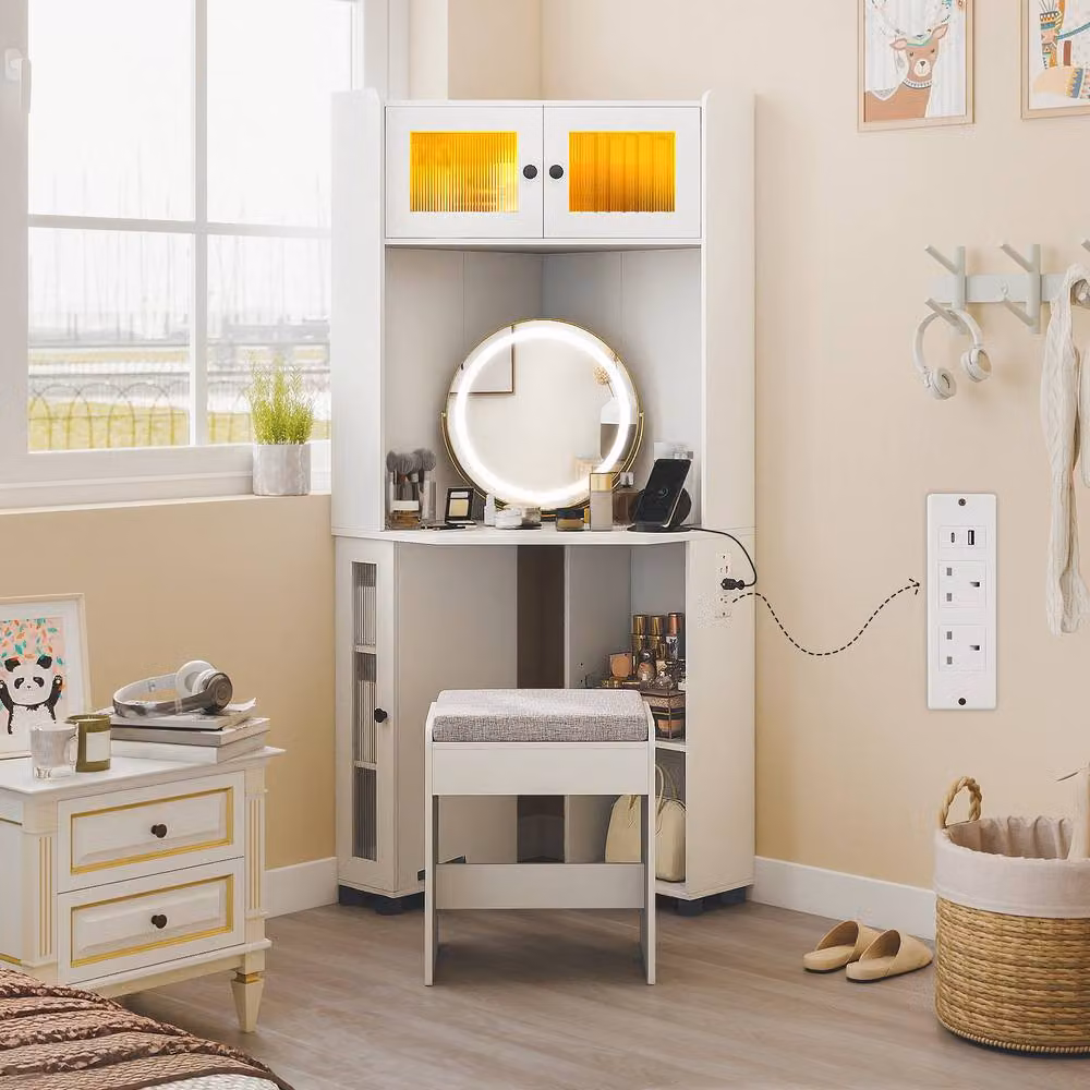 Gymax Corner Dressing Table with LED Lights, Cushioned Stool and Charging Station in White – 2