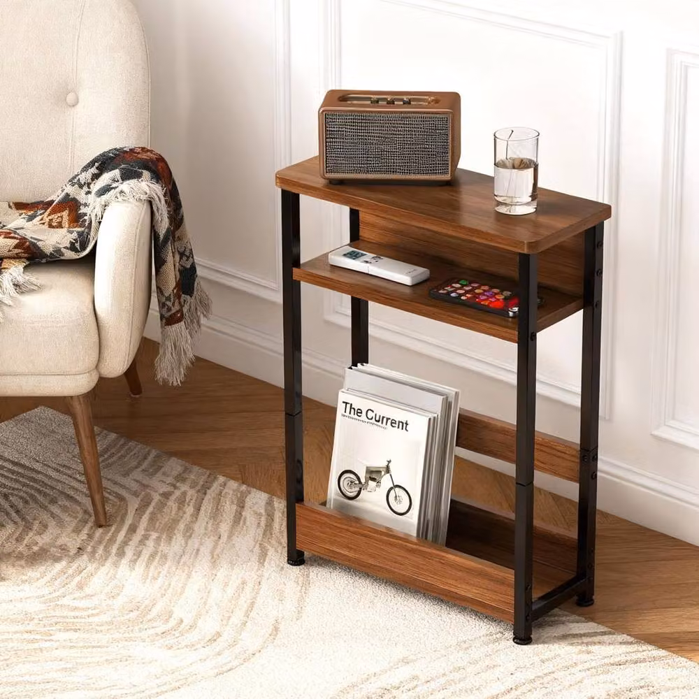 London Boutique 3-Tier Narrow Side Table with Magazine Rack in Walnut and Black – 6