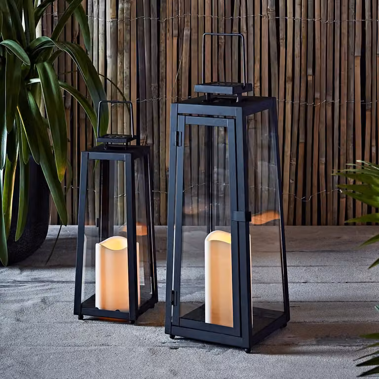 Lights4fun Porto Solar Metal Lantern Bundle, Set of 2 Black and Anthracite Decorative Outdoor Garden LED Candle Lanterns, IP44 Waterproof