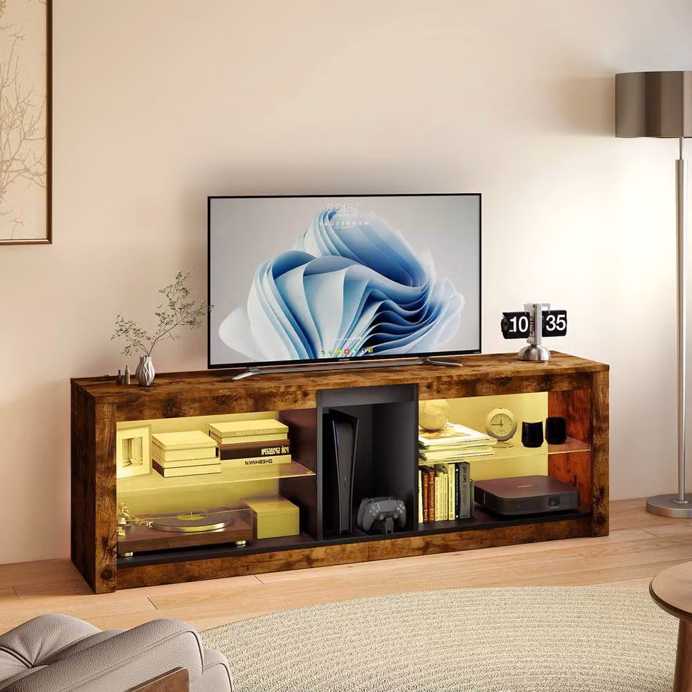 Levede Modern Brown TV Stand with RGB LED Lights and Glass Shelf, W: 140 cm, D: 47 cm, H: 47 cm – 2