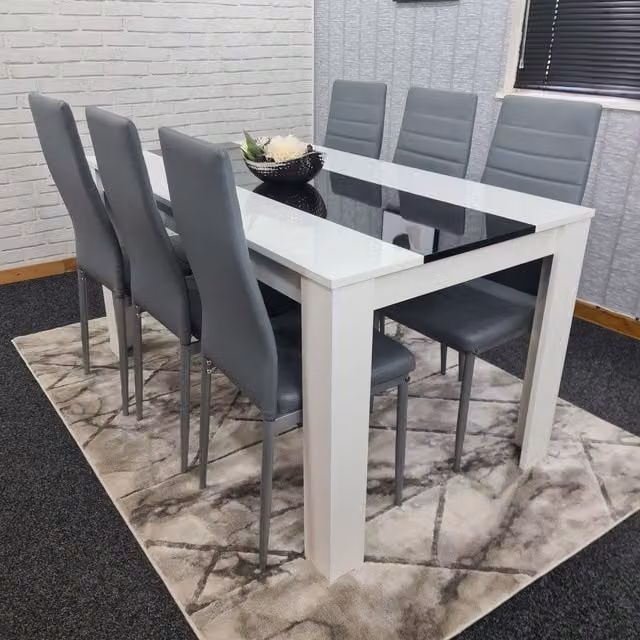 Kosy Koala Modern Rectangular Wood Dining Table with 6 Grey Faux Leather and Metal Chairs in White and Black
