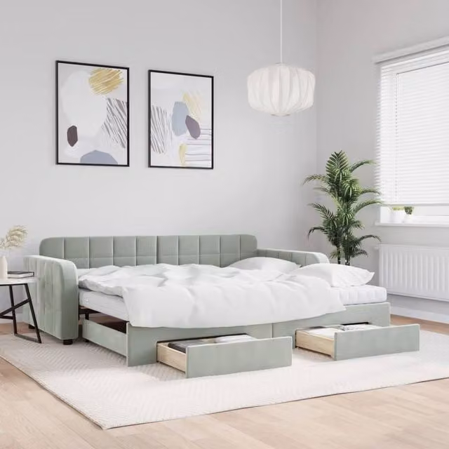 Berkfield Home Velvet Daybed with Trundle and Drawers in Light Grey, W/D/H: 90 x 190 cm