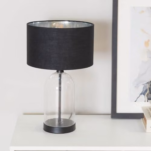 ValueLights Jessy Glass Table Lamp with Black Base, Black and Chrome Inner Shade and Warm White Bulb – 2