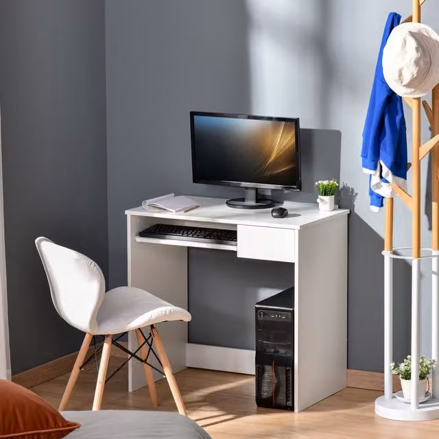 HOMCOM Modern White and Oak Computer Desk with Keyboard Tray