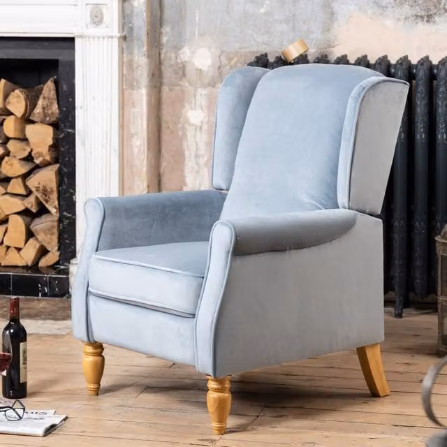 Artemis Home Barksdale Classic Recliner Armchair in Blue Velvet with Solid Wood Frame