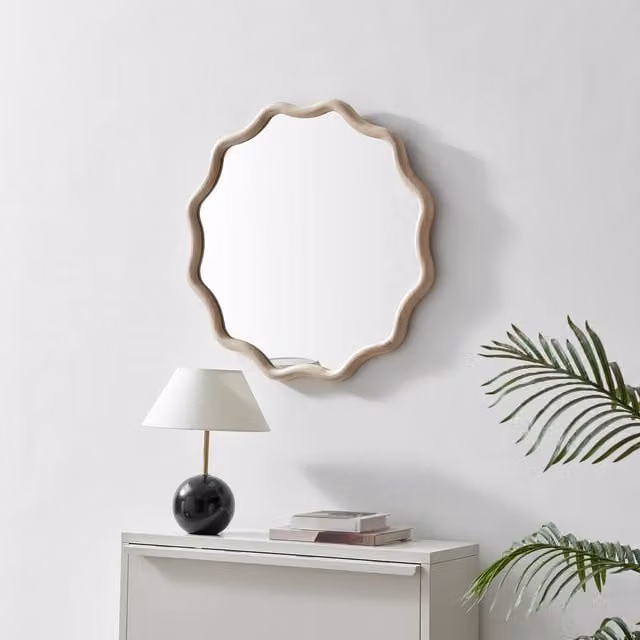FurnitureboxUK Damaris Wavy Round Wood Wall Mirror in Brown, 70 x 70 cm