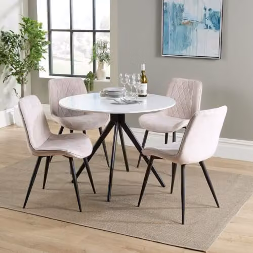 Core Products Aspen 5-Piece Dining Set with Rectangular White Wood Table and 4 Natural Diamond Stitch Fabric Chairs with Black Metal Legs