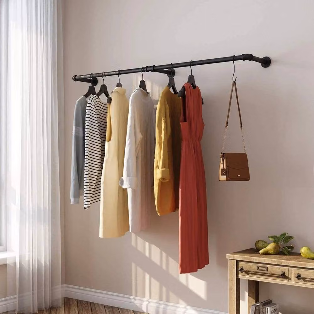 NESTLUNE Industrial Pipe Wall-mounted Clothes Rail Rack in Matt Black Metal, Width: 92 cm – 3