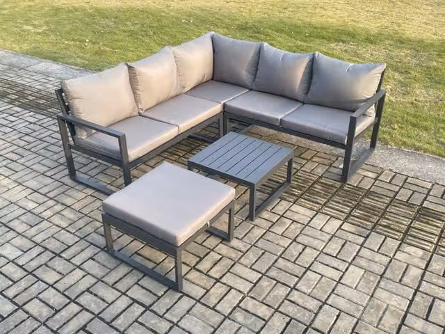 Fimous Modern L-Shape Outdoor Garden Furniture Set with Powder Coated Aluminium Frame, Square Coffee Table and Ottoman in Anthracite Grey