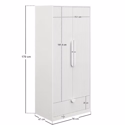 Flair Calista Ribbed Wardrobe with 2 Doors and Drawer in White, H 170 x W 94 x D 47 cm – 2