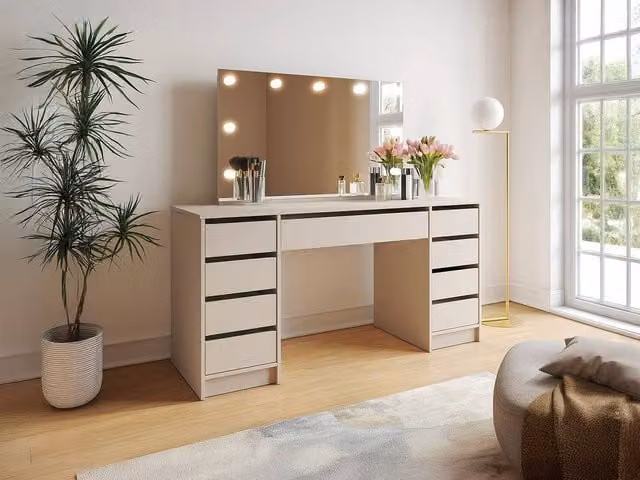 JENEMI Double Dressing Table with LED Mirror and 9 Drawers in Beige