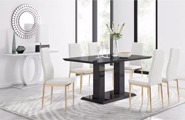 FurnitureboxUK Imperia 6-Seater Black Dining Table and 6 Milan Gold Leg Chairs Set in White