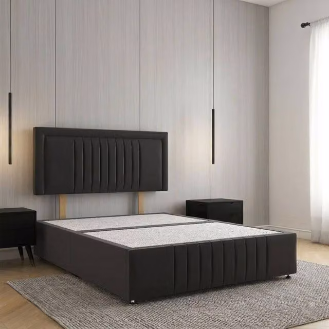 Regional Furnishings Plush Velvet Divan Bed Base with 24 inch Headboard and Footboard in Black, Small Double, W/D/H: 120 x 200 cm