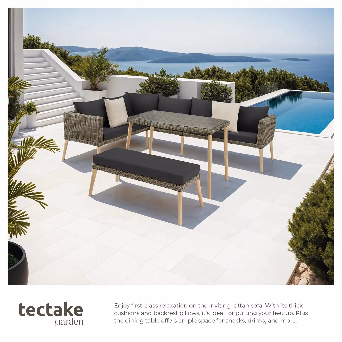 tectake Pula Rattan Lounge Set with Powder Coated Aluminium Frame and Upholstered Cushions in Sand, 4 Person – 4
