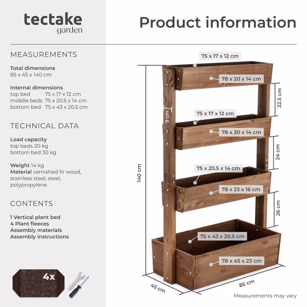 tectake Wooden Raised Bed Planter in Brown, W/D/H: 140 x 45 x 85 cm – 6