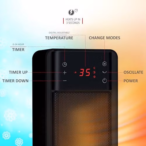 Netta 2000W Black Ceramic Fan Tower Heater with Remote Control and LED Display – 3
