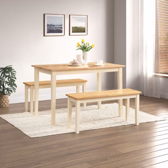 FurnitureboxUK Salcombe Small Rectangular Wooden Dining Table and 2 Tenby Small Benches in Cream